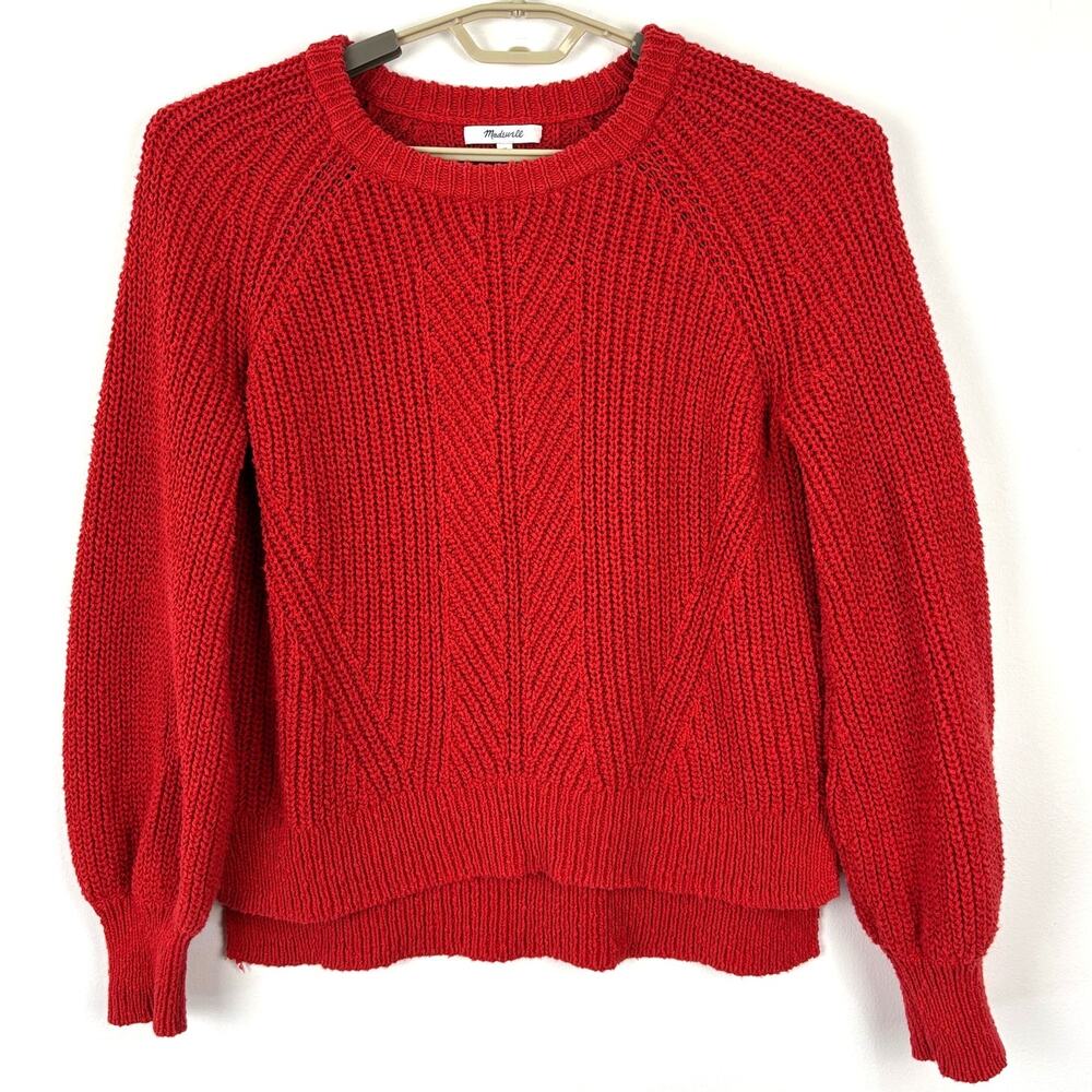 Madewell Balloon-Sleeve Pullover Sweater Bright Scarlett Red Med Chunky J8667